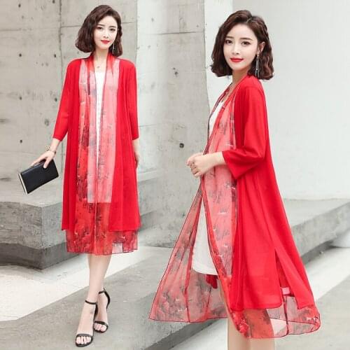 New Arrival women summer loose chiffon floral printed cardigan elegant lady see through sun-protection clothes