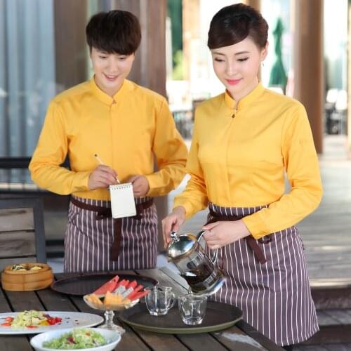 Waiter Work Clothing Set Hotel Women and Men Long Sleeve Shirt+Apron Coffee House Employee Work Wear Free Shipping Work Shirt