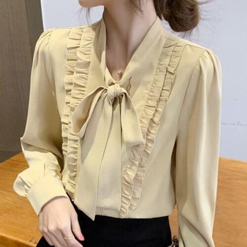 Autumn Women Ruffles Chiffon Blouse Shirt Tops Long Sleeve Blouse Women Blusas Mujer De Moda 2021 Blouses Femme Top Shirts E349