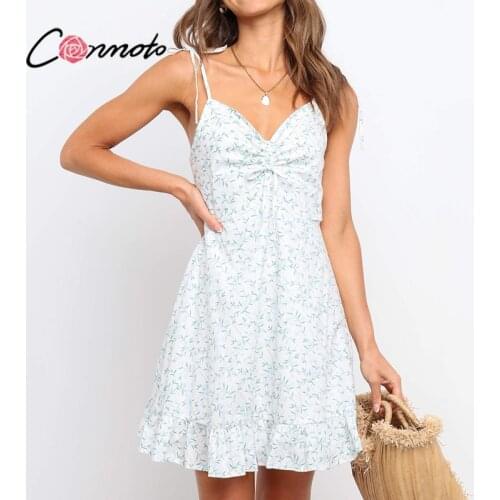 Conmoto V-neck casual spring summer slip dress women Ruffle holiday backless fashion sundress Printing spaghetti midi dresses
