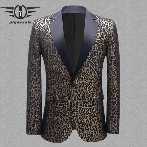 Plyesxale Black Gold Mens Leopard Blazer Fashion Jacquard Stage Prom Party Wedding Blazers For Men Casual Suit Jacket Q1200