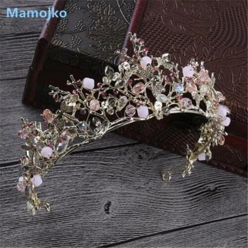 Mamojko Baroque Pink Style Wedding Bridal Hair Accessories Bridesmaid Dragonfly Women Girls Gold Crystal Tiara Crown Headbands