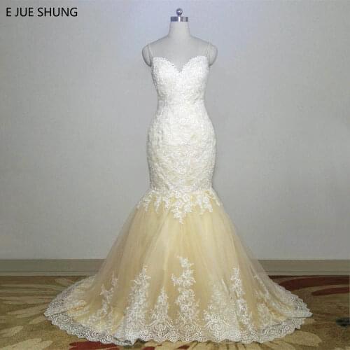 E JUE SHUNG Champagne Vintage Lace Appliques Mermaid Wedding Dresses Sweetheart Spaghetti Straps Backless Bride Dress
