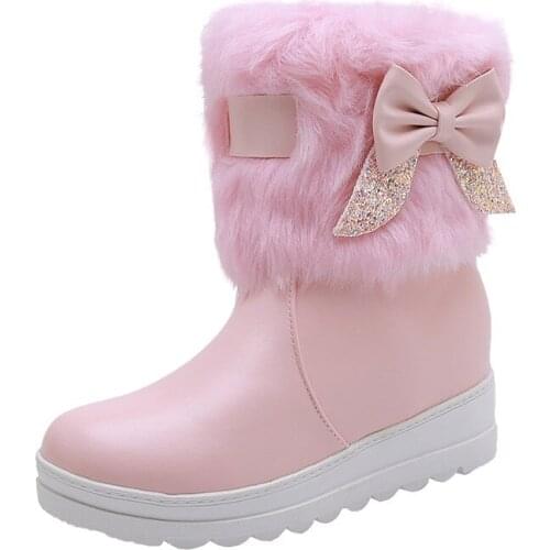 YQBTDL 2021 Winter Women Ankle Snow Boots Student Plush Thicken Warm Cotton Bow-knot Girls Bottom Slip-on Shoes Ladies Size 42