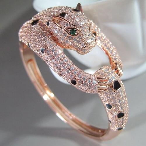 Rose Gold color Black spot Leopard bangle bracelet Cubic Zirconia Stone Animal Panther designer Copper Jewelry for Women