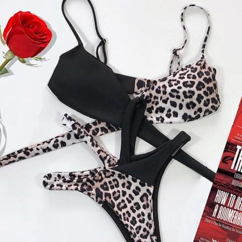 Women Summer Sexy Swimsuit Leopard Color Block Bra Bandage Briefs Bikini Set