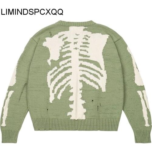 Oversized Sweater Men Skeleton Bone Print Woman High Quality Harajuku Street Damage Hole Vintage Loose Knitted Sweater 2021 New