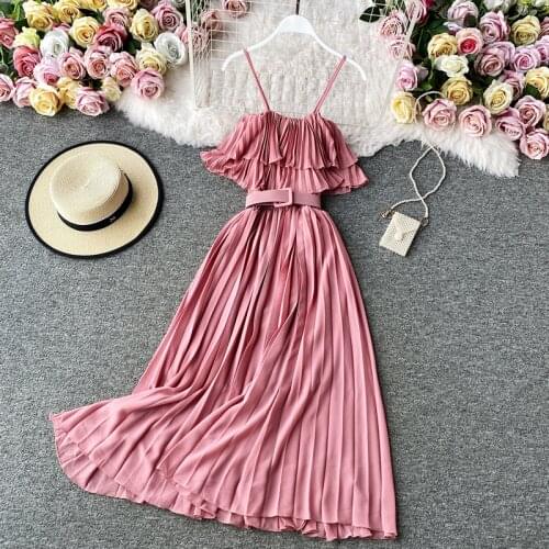 Womens Summer Dress Holiday Style Pure Color One-line Neck Suspender Dress New Belt Strapless Female Big Swing Dresses HH245