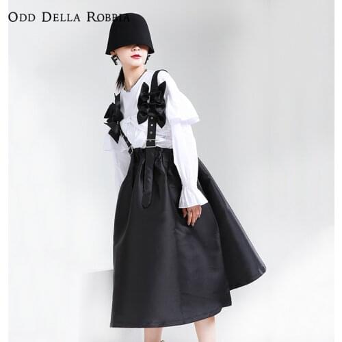 OddDellaRobbia 2021 New Women Sling Dress Mid-Waist Covering Meat Solid Color Bow Stitching Strap A-Line Skirt Two-Color 1515