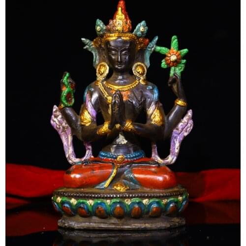 8"Tibet Buddhism Old Bronze Tracing Four-armed Guanyin Bodhisattva Avalokitesvara Sitting Buddha Enshrine the Buddha