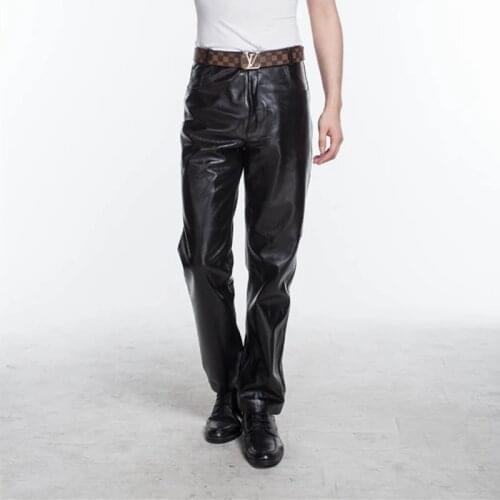 Men Genuine Leather Pants Mid-rised Trouser Spring Autumn Winter With Pockets 2021 Casual Straight Pants Mens Zipper Trousers