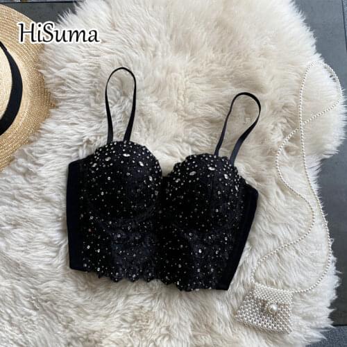 2021 summer womens V-neck strap beading bling lace camisole Tube top bra one piece belt pad wireless Corset female underwear