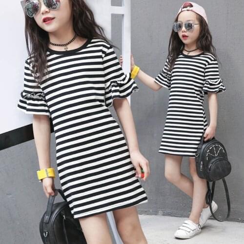 Kids Long T-Shirts For Girls Summer Clothes Teenage Striped Short Sleeve Shirts Kids Cotton Tops Girl Clothes 6 8 10 12 Y
