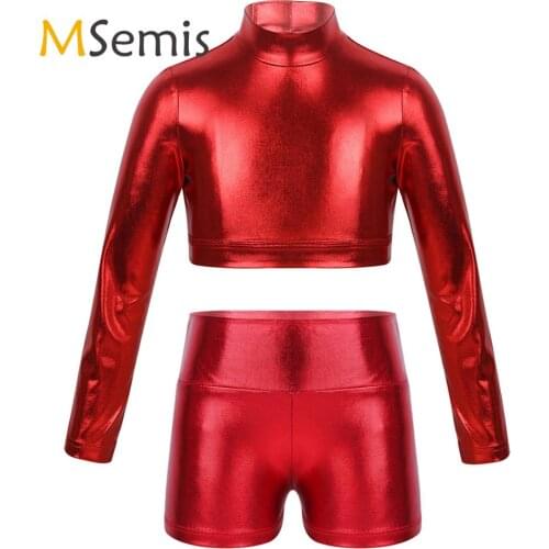 Kids Girls Gymnastic Ballet Leotard Costumes Glossy Metallic Tops Crop Top and High Waist Dance Shorts Bottoms Set for Dancing