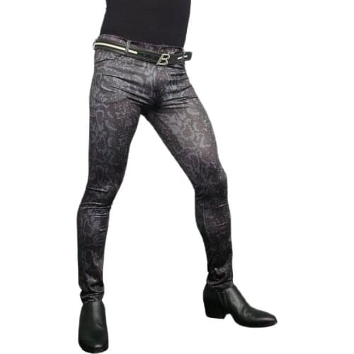Fad Men All-Match Style Motorcycle Trousers Fashion Imitate Snakeskin Grain leggings High-Elastic Milk Silk Casual Pencil Pants