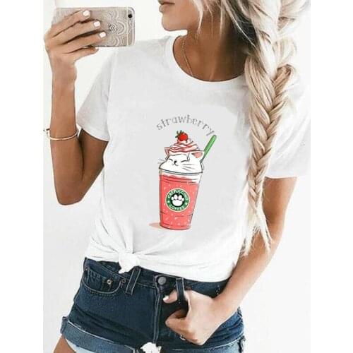 Harajuku Tee Shirt Femme Fashion Cat Coffee Paw Strawberry T Shirt Women Tops Summer Short Sleeve Casual T-shirt Camiseta Mujer