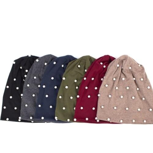 Geebro Womens Beanie Hat Spring Cotton Metallic Pearls Hats For Ladies Hip-hop Party Beanies Caps Rhinestones Skullies Bonnet