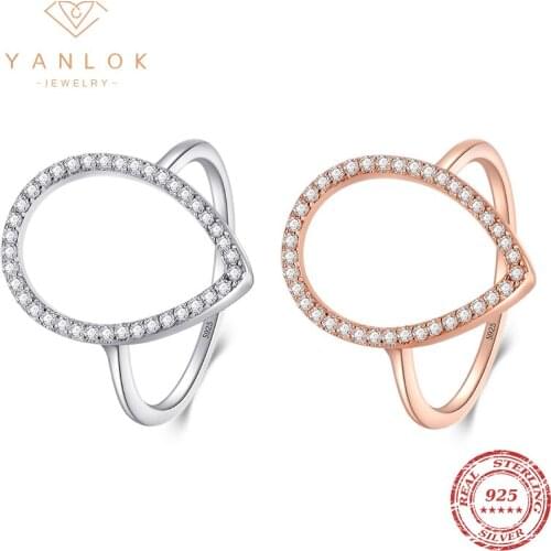 YANLOK Authentic Hot Sale 925 Sterling Silver Water Drop Geometric Finger Rings For Women Rose Gold Color Wedding Jewelry Anel