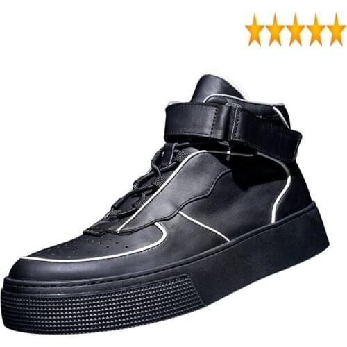 Casual Men Fashion High-Top Luxury Lace Up Black Cowhide Platform Sneakers Street Winter Hip Hop Shoes Comfortable Trainer