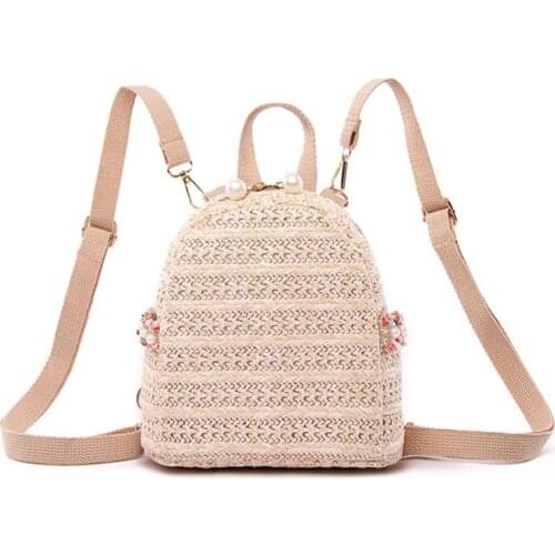 Fashion Pearl Straw Backpack Women Teenager Girls Travel Shoulder Schoolbags Cool Chic Backpack Female