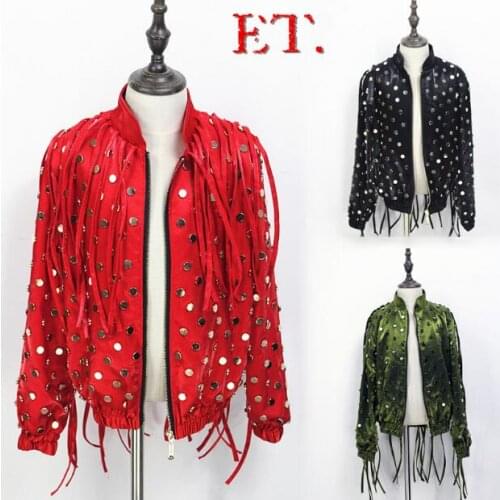 Mens Singer Singing Baseball Clothing Bar DJ Street Dance Studded Fringe Costume Nightclub Rock Guest Jacket