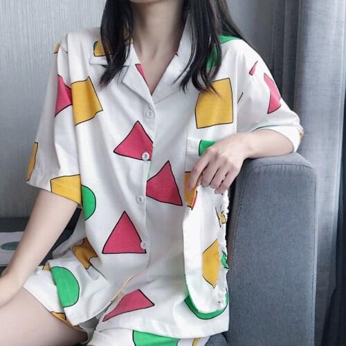 Celebrity Inspired Short-Sleeved Pajamas Men and Women Couple Big Geometric Pattern Cute Cartoon Cotton Leisure Tops Summer