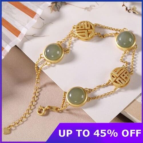 Real 925 Sterling Silver Hetian Jade Jasper Agate Gold-plated Bracelets Double Chain Zircon Bracelet Women Trendy Bangle Jewelry