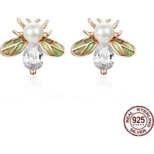 Genuine 925 sterling silver bee pearl Gold color Stud Earrings for women sterling silver jewelry senior wedding gift