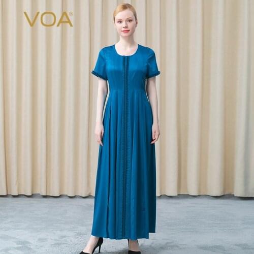 VOA Silk Elastic Satin Twill Jacquard Craft Tucker Folding Round Neck Three-dimensional Decorative Short-sleeved Dress AE753