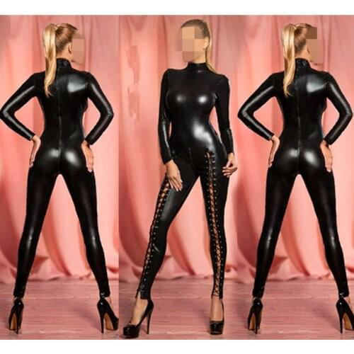 Sexy Erotic Black Faux Leather Leotard Rivet Lace Up Turtleneck Bodysuit 2016 Costumes Wetlook Catsuit Jumpsuit