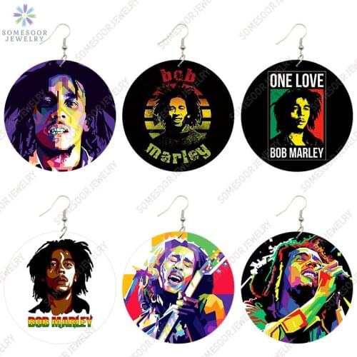 SOMESOOR One Love Bob Marley African Wooden Drop Earrings Black Hero Arts Printed Hip Hop Loops Dangle Jewelry For Women Gifts