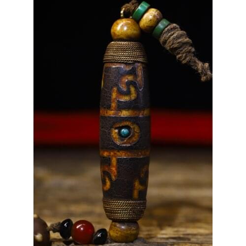 Old Natural agate Filigree mosaic Gem Dzi Bead Nine Eyes Pendant amulet Town House Exorcism Ward off evil spirits