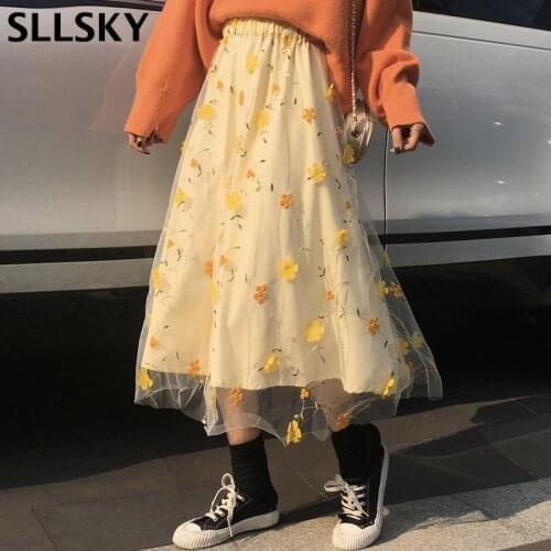 Sllsky 3D Flower Lace Skirt Women Summer New High Waist A-line Vintage Mesh Long Skirt Fashion Female Elegant Midi Tulle Skirt