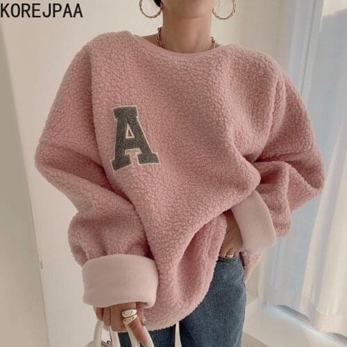 Korejpaa Women Sweatshirt 2021 Autumn Korean Chic Embroidered Letter Loose Solid Color Long-Sleeved Lamb Wool Warm Pullovers
