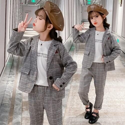 Girls Stripe Singe Button Blazer Suits Blazer Coats and Pants Elegant Dark Gray Two Piece Suit Wedding Birthday Party Clothing