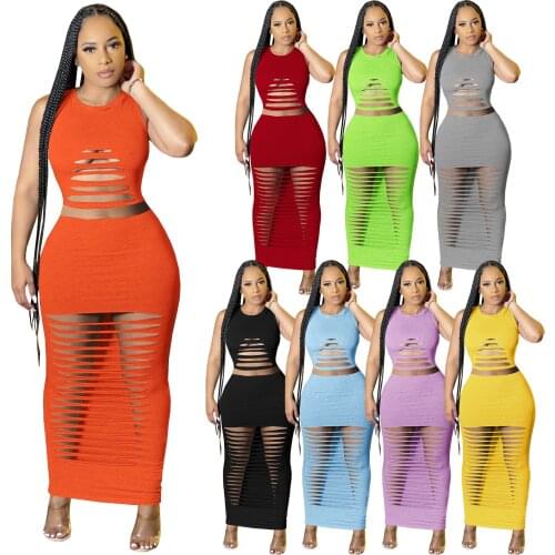 2021 Summer New Womens Clothing Solid Color Hollow Hole Burnt Flower Slim Sexy Two Piece Suit