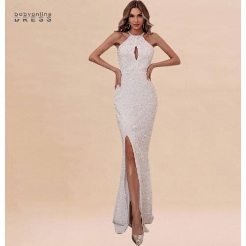 2021 Sexy White Halter Long Evening Dress Sequins Mermaid Split Robe de Soiree Strapless Evening Prom Gowns Dress Vestido