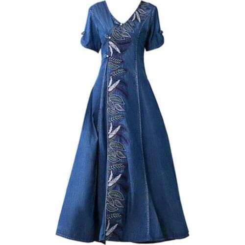 Vintage summer embroidered denim dress women v-neck high waist slim big swing short sleeve long dress