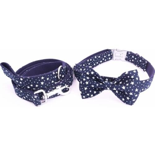 STAR Dog Collar and Leash Set With Bow Tie Navy Star Dog Collar