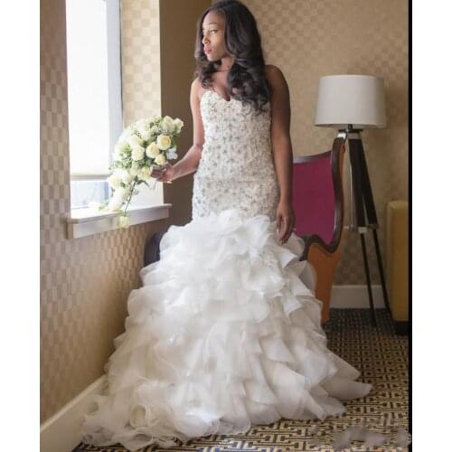 Beading African Long Puffy Tiered Skirts Mermaid Wedding Dresses Sweetheart Neck White Organza Plus Size Bridal Gown