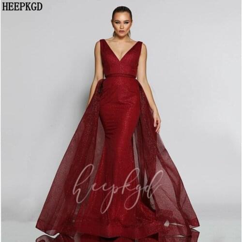 Glitter Burgundy Mermaid Long Formal Evening Dress Detachable Train V Neck Plus Size Prom Party Dresses Robe De Soiree Backless