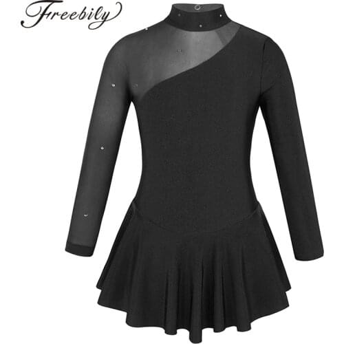 Kids Girls Tulle Long Sleeves Rhinestone Figure Ice Skating Dress Ballroom Child Gymnastics Leotard Ballerina Dance Costume