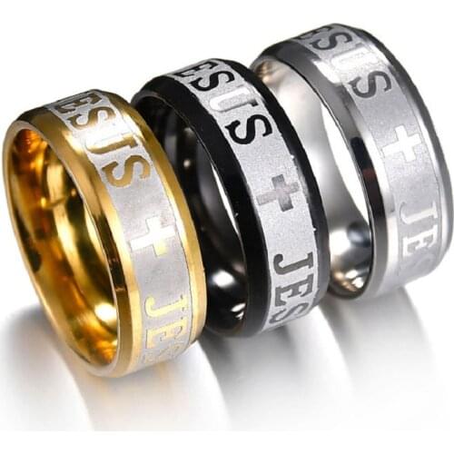 MixMax 30pcs Silver Color Black Golden Jesus Cross Etching Stainless Steel Rings for Men Jewelry Band Ring