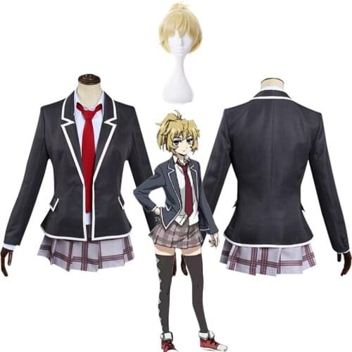 Anime High Rise Invasion Mayuko Nise Cosplay Costume Blonde Wig Tenkuu Shinpan School Girl Uniform Skirt Set Women Carnival Suit