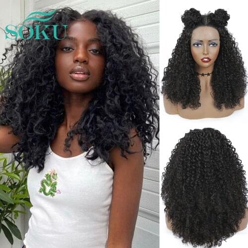 Kinky Curly Lace Front Wig Middle Part Synthetic Wig With Baby Hair SOKU Natural Color Heat Resistant Fiber Hair For Black Women