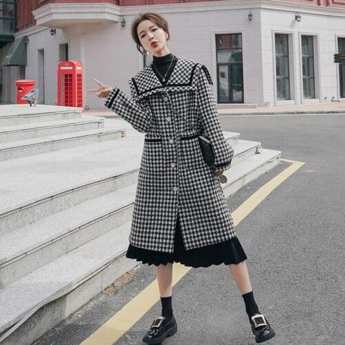 JuneRain New Elegant Lattice Houndstooth Woolen Coat Womens Mid-Length Autumn Winter Korean Fashion Woolen Coat Casual Outwears