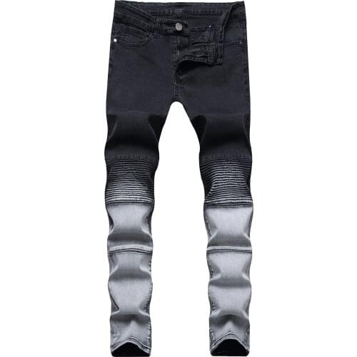 Brand New Men Slim Washed Jeans, Adults Casual Style Elastic Mid-rise Zipper Ruched Pants with Pockets