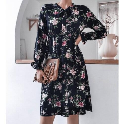 #Q4 Polka Dot Print Flared Sleeve Dress Women Bow Neck Slim Knee-length Dress Women Spring Autumn Long Sleeve Dresses Eelgant