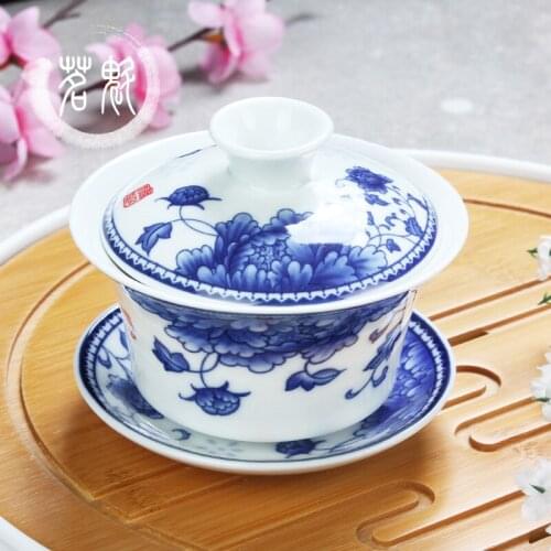 Blue and white tureen bowl Chinese Traditional Kungfu Tea Pot Ceramic Tea Bowl Cup Porcelain Cup Tea Cup Sets