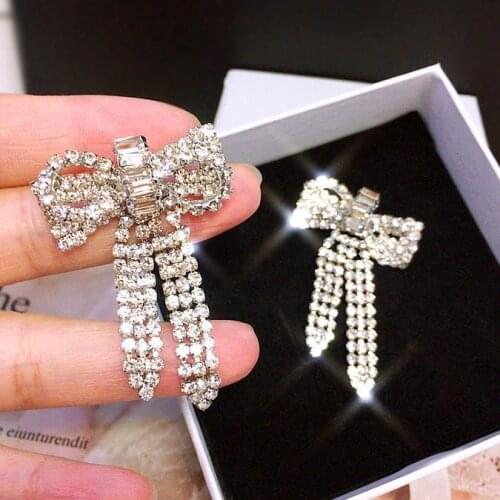 Versatile Exaggerated Big Bow Tassel Drop Earrings Full Crystal Earrings Retro Earrings